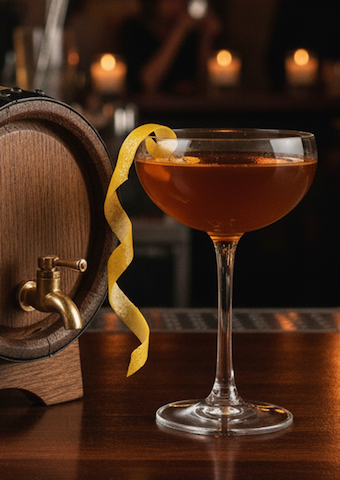 Photograph of an amber cocktail in a coupe glass, beside a countertop oak aging barrel